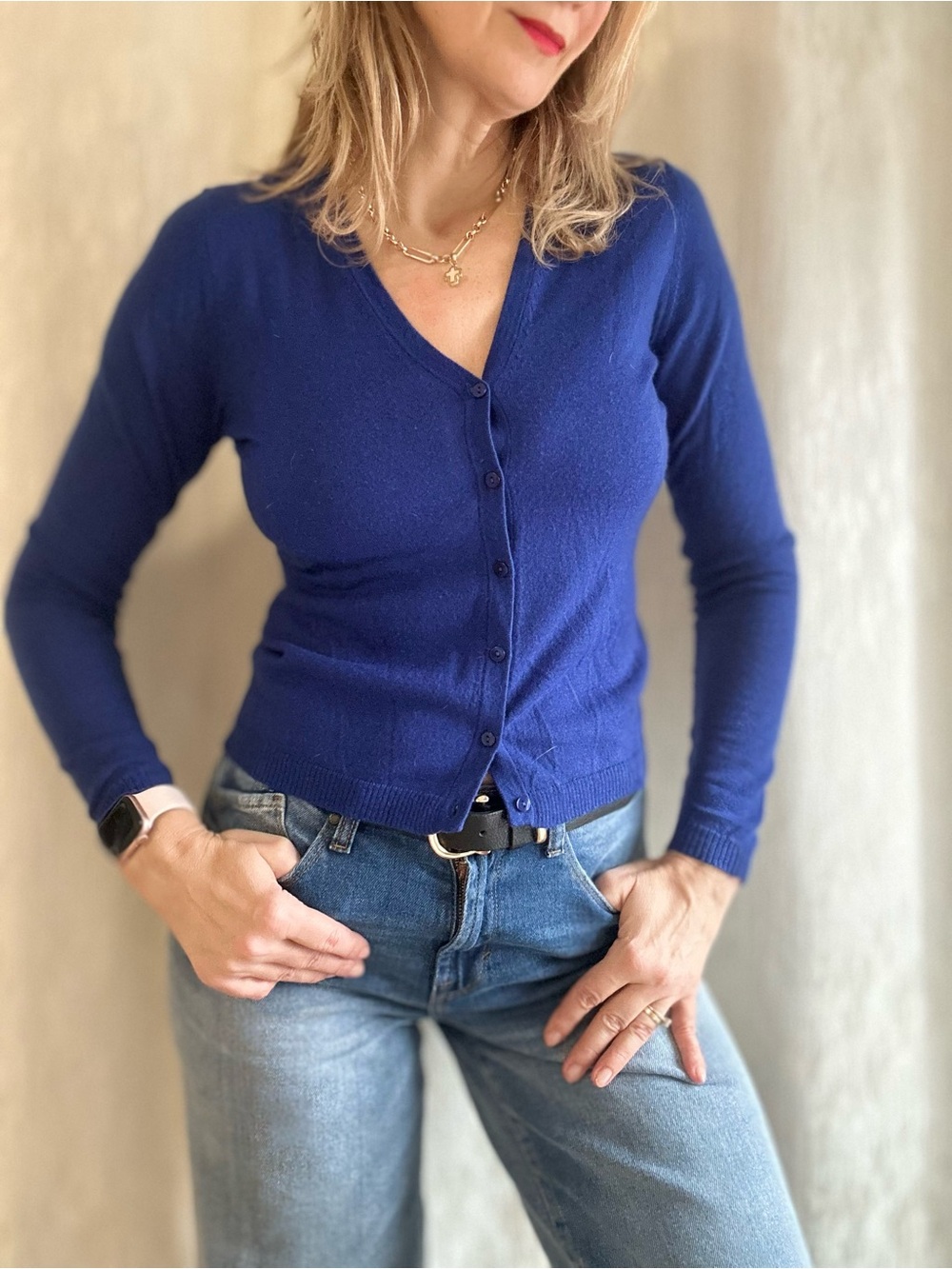 Lord & Taylor Blue V-Neck Button cashmere Cardigan